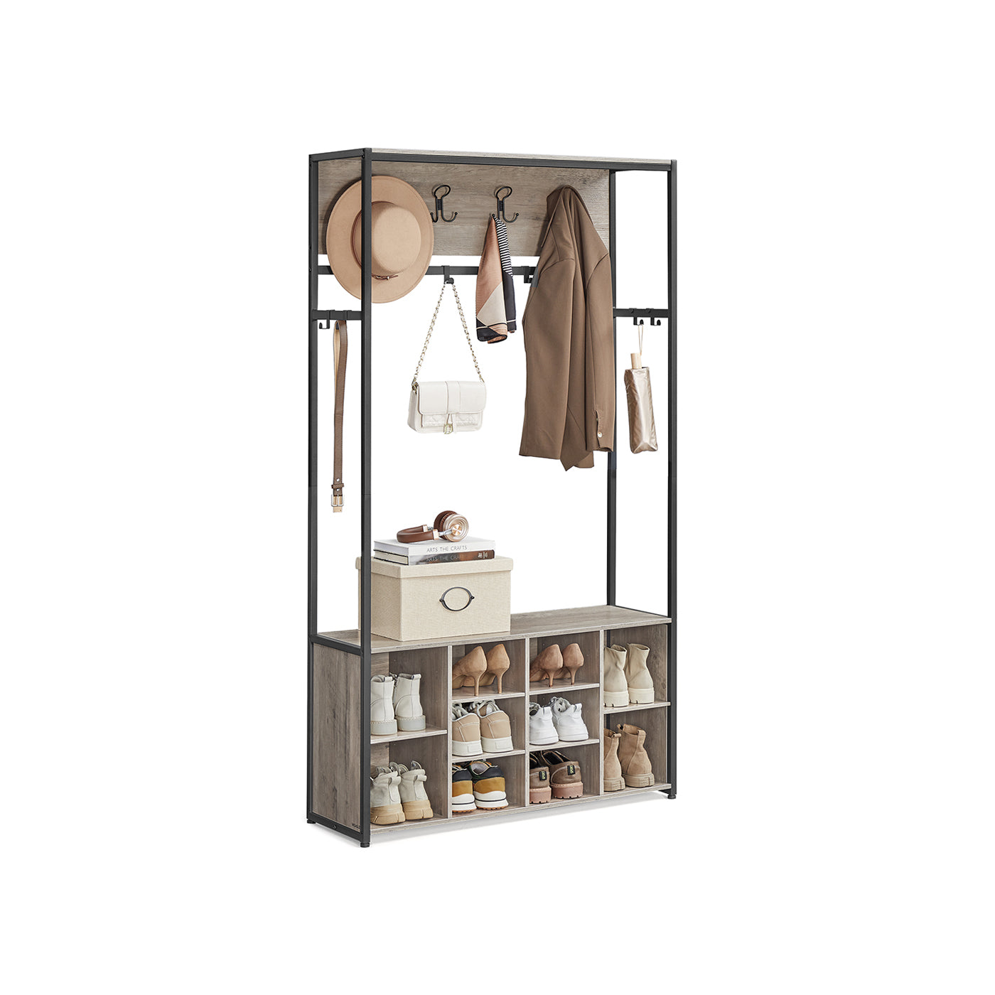 4-in-1 Entryway Hall Tree, Bench, Coat Hooks, Shoe Storage, Top Shelf