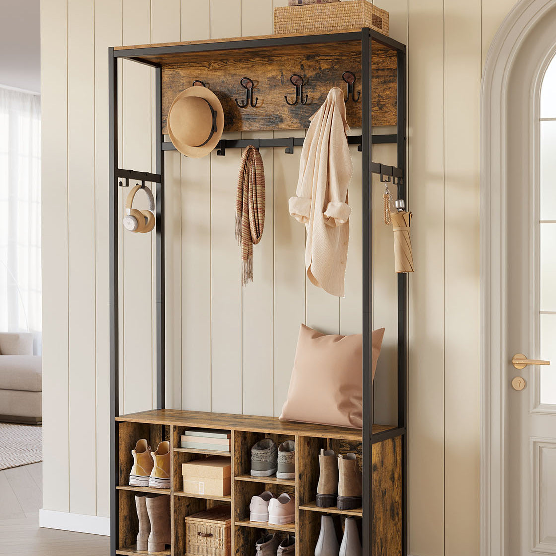 4-in-1 Entryway Hall Tree, Bench, Coat Hooks, Shoe Storage, Top Shelf
