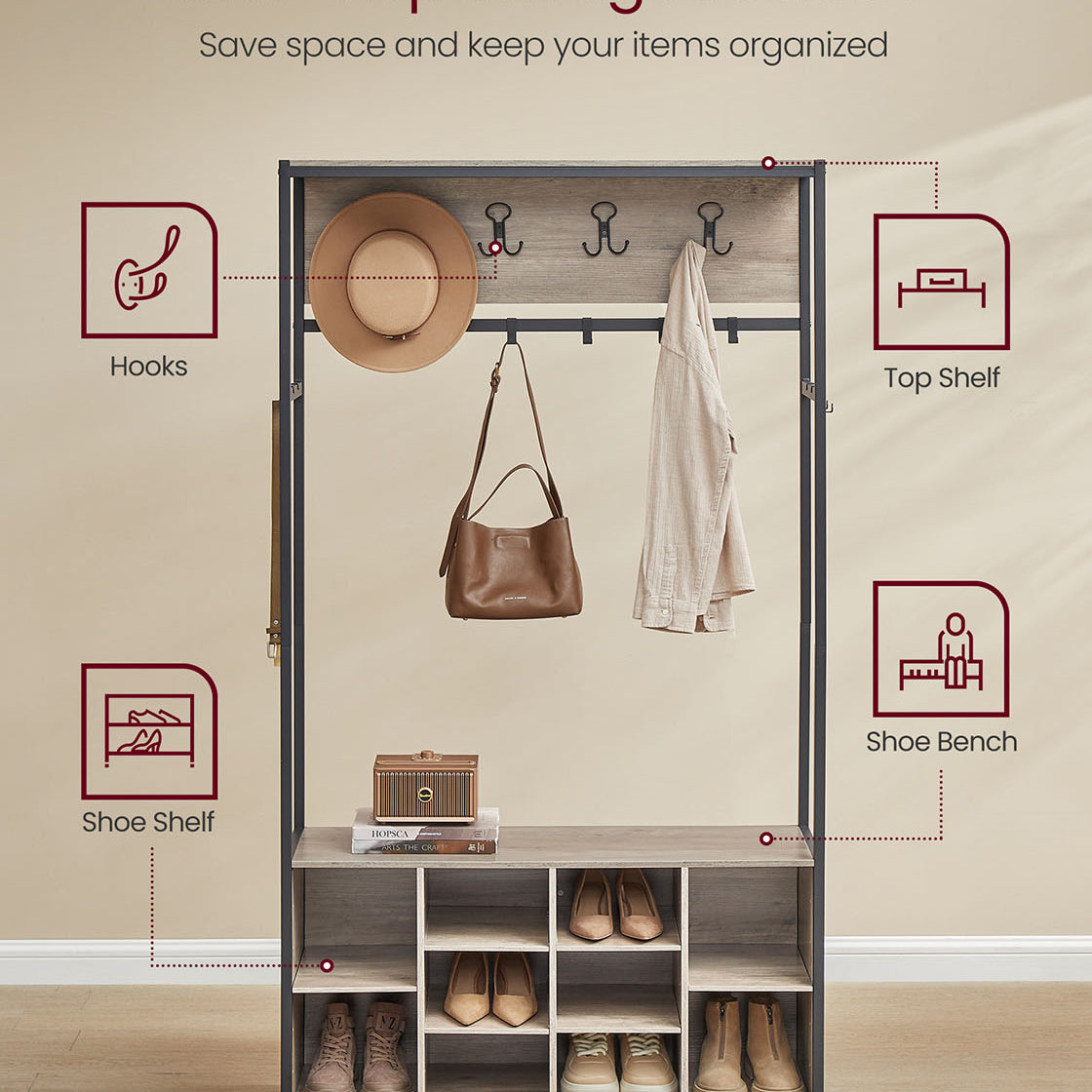 4-in-1 Entryway Hall Tree, Bench, Coat Hooks, Shoe Storage, Top Shelf
