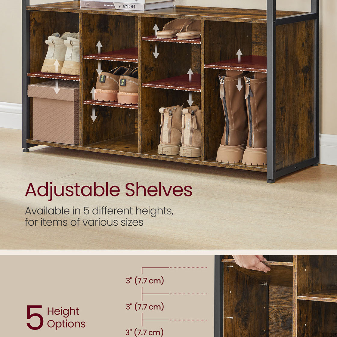 4-in-1 Entryway Hall Tree, Bench, Coat Hooks, Shoe Storage, Top Shelf