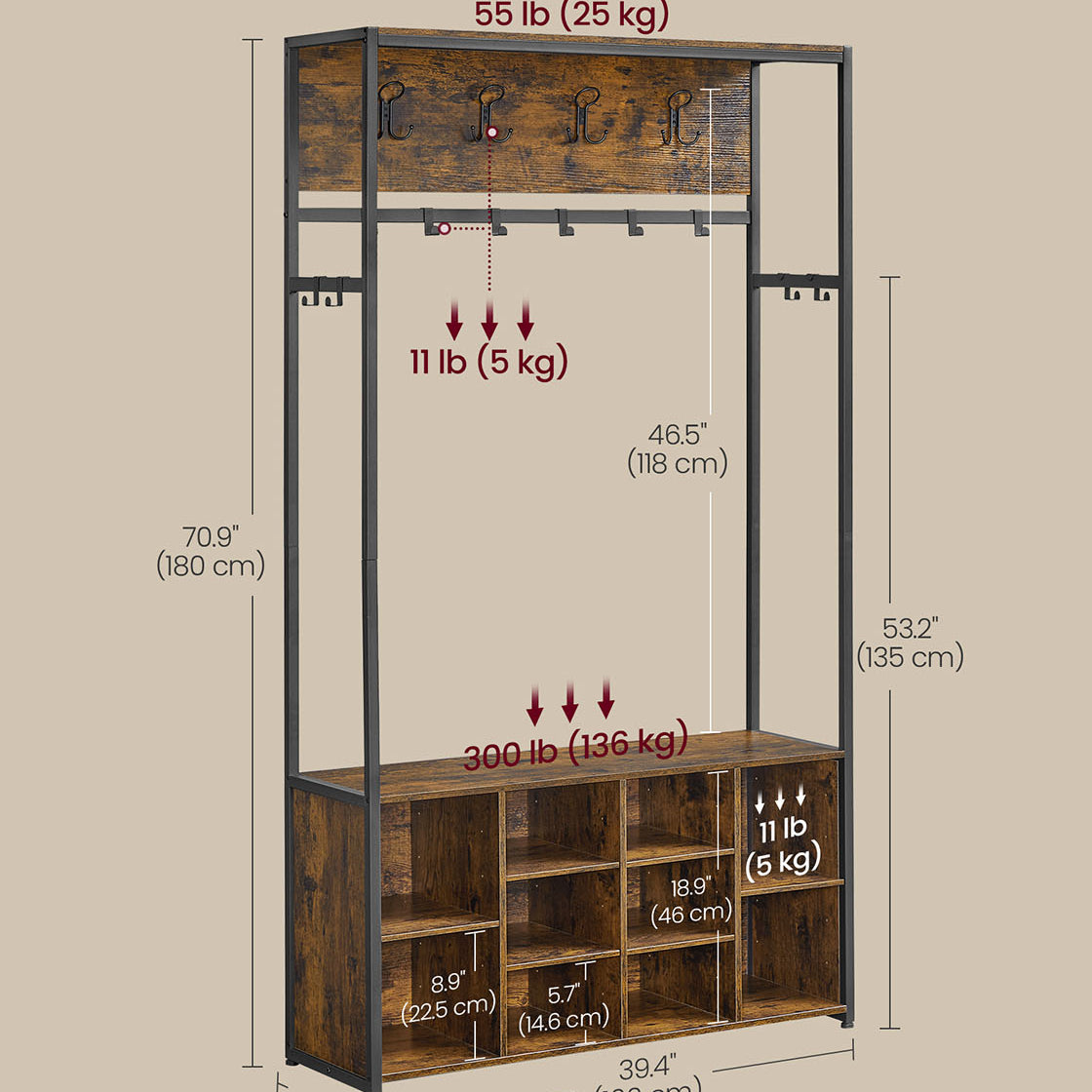 4-in-1 Entryway Hall Tree, Bench, Coat Hooks, Shoe Storage, Top Shelf