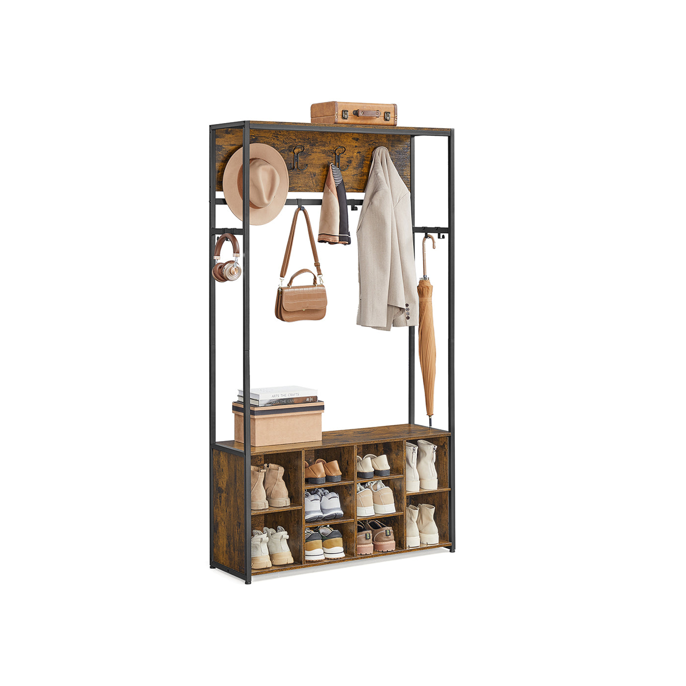 4-in-1 Entryway Hall Tree, Bench, Coat Hooks, Shoe Storage, Top Shelf