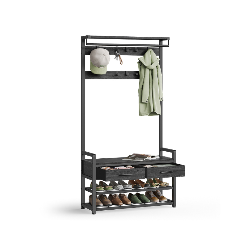 6-in-1 Entryway Hall Tree, Bench, Hooks, Shoe Rack, Drawers, Rail, Shelves
