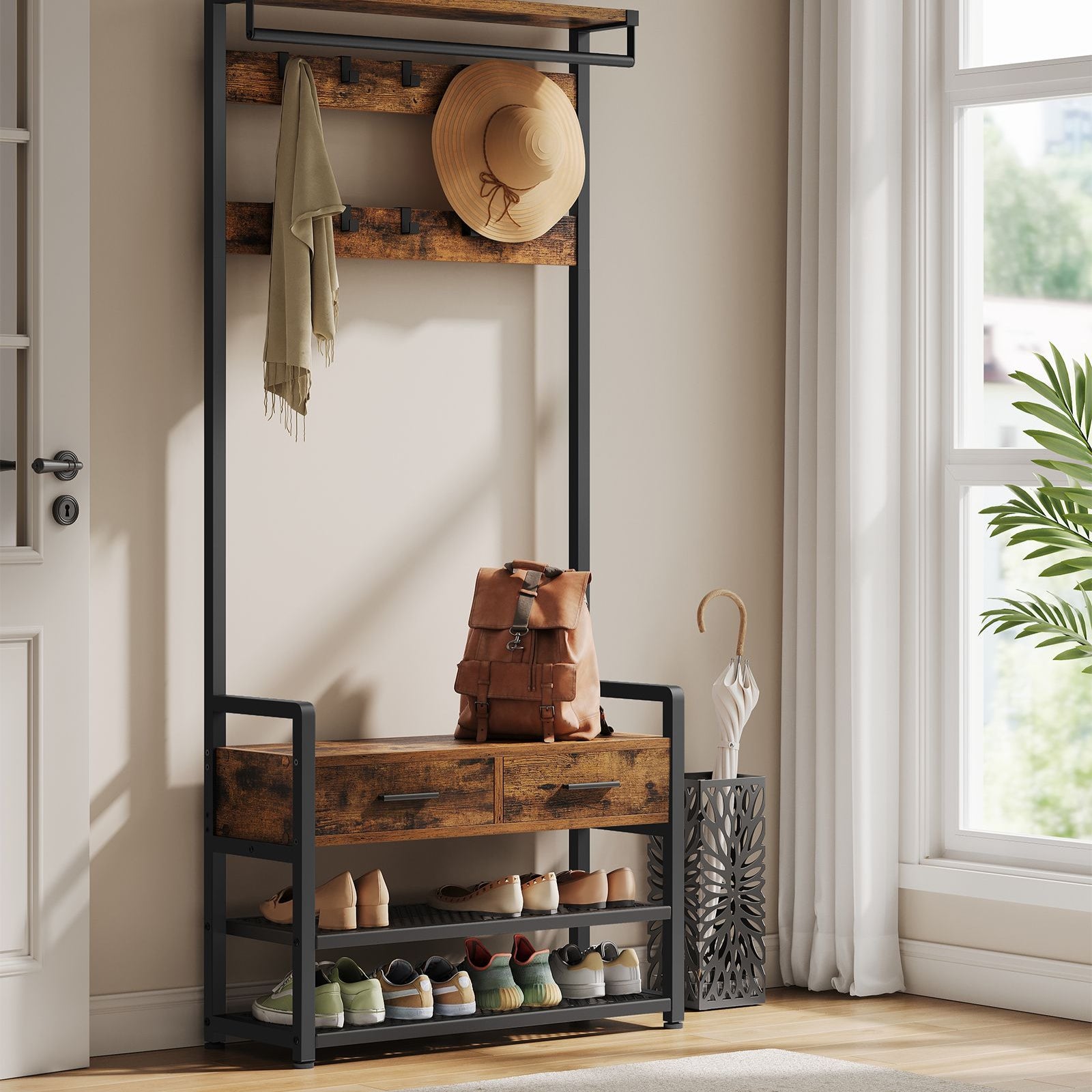 6-in-1 Entryway Hall Tree, Bench, Hooks, Shoe Rack, Drawers, Rail, Shelves