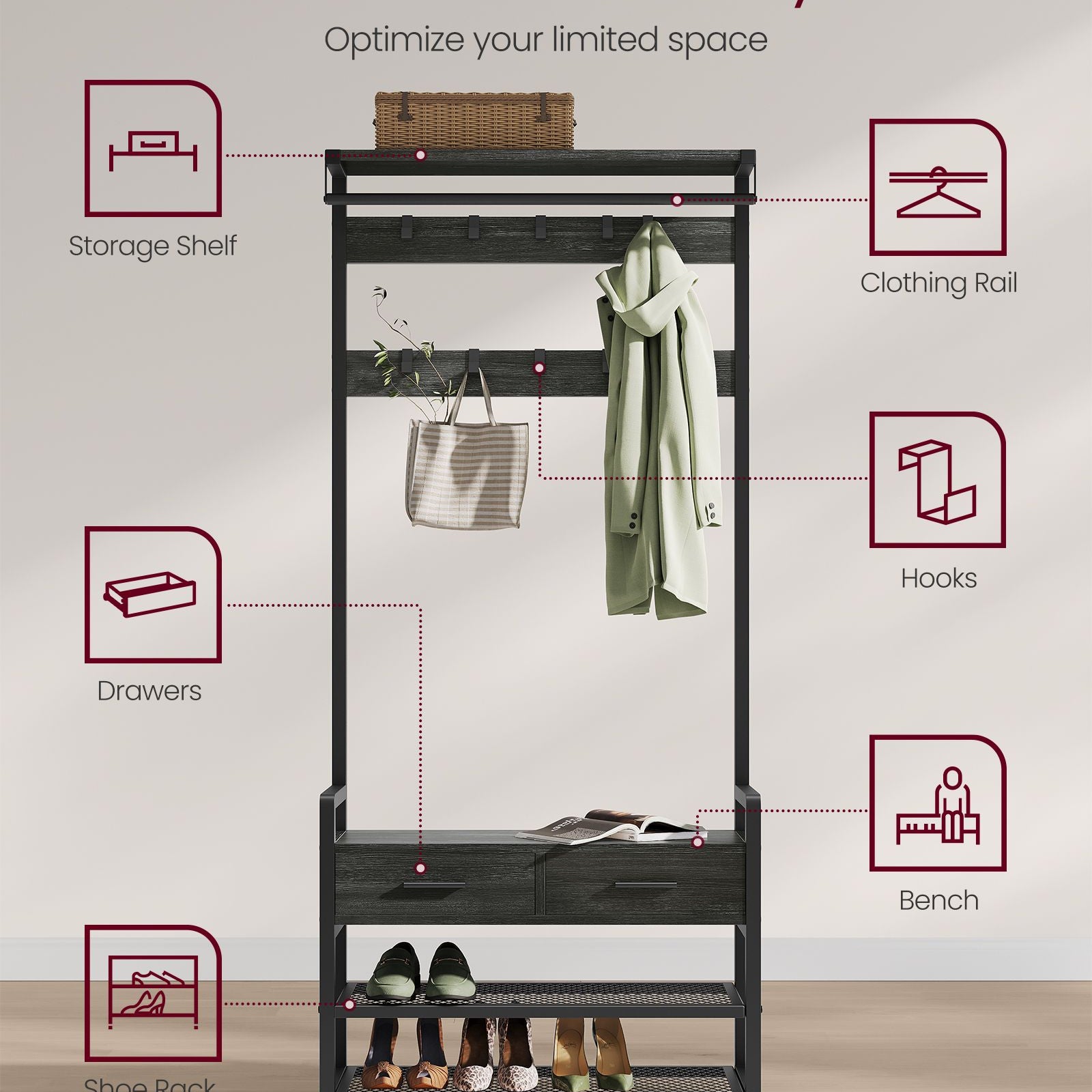 6-in-1 Entryway Hall Tree, Bench, Hooks, Shoe Rack, Drawers, Rail, Shelves