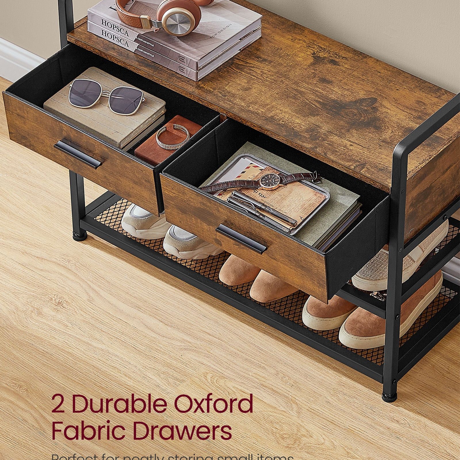 6-in-1 Entryway Hall Tree, Bench, Hooks, Shoe Rack, Drawers, Rail, Shelves