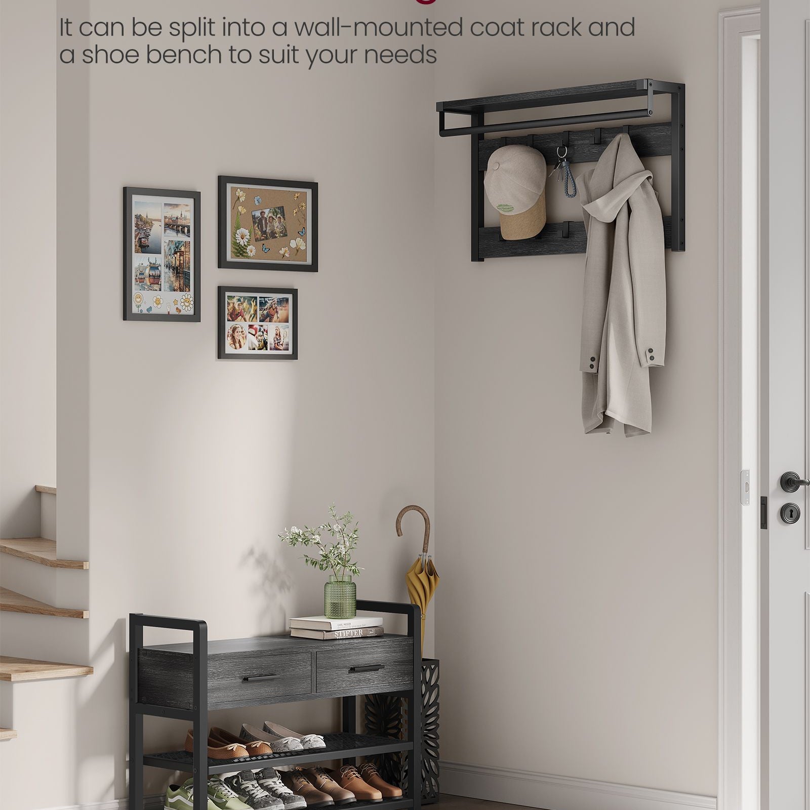 6-in-1 Entryway Hall Tree, Bench, Hooks, Shoe Rack, Drawers, Rail, Shelves