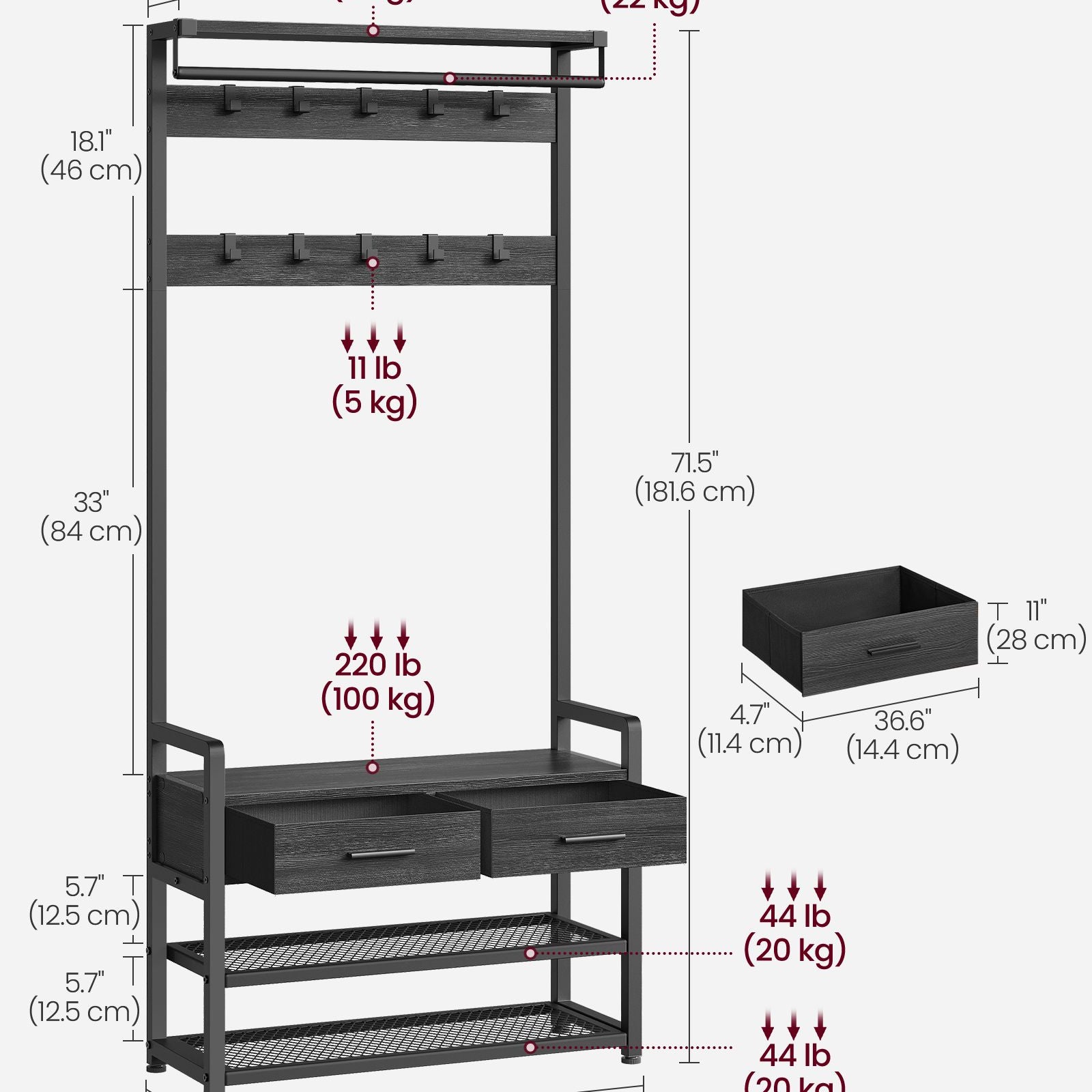 6-in-1 Entryway Hall Tree, Bench, Hooks, Shoe Rack, Drawers, Rail, Shelves