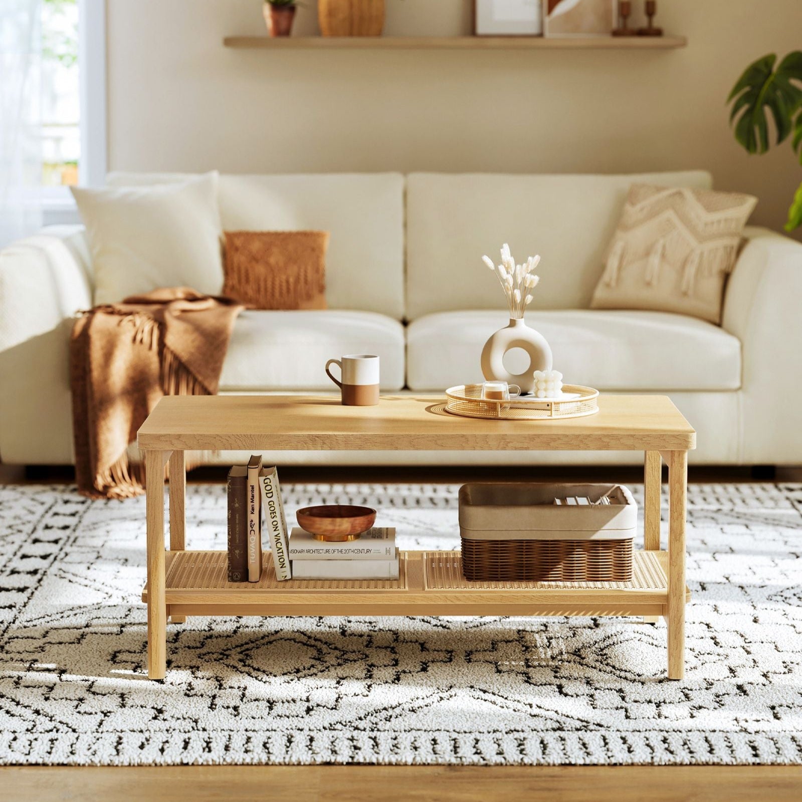 BOHO Coffee Table - Rattan Shelf - MDF Top - Rectangular Design