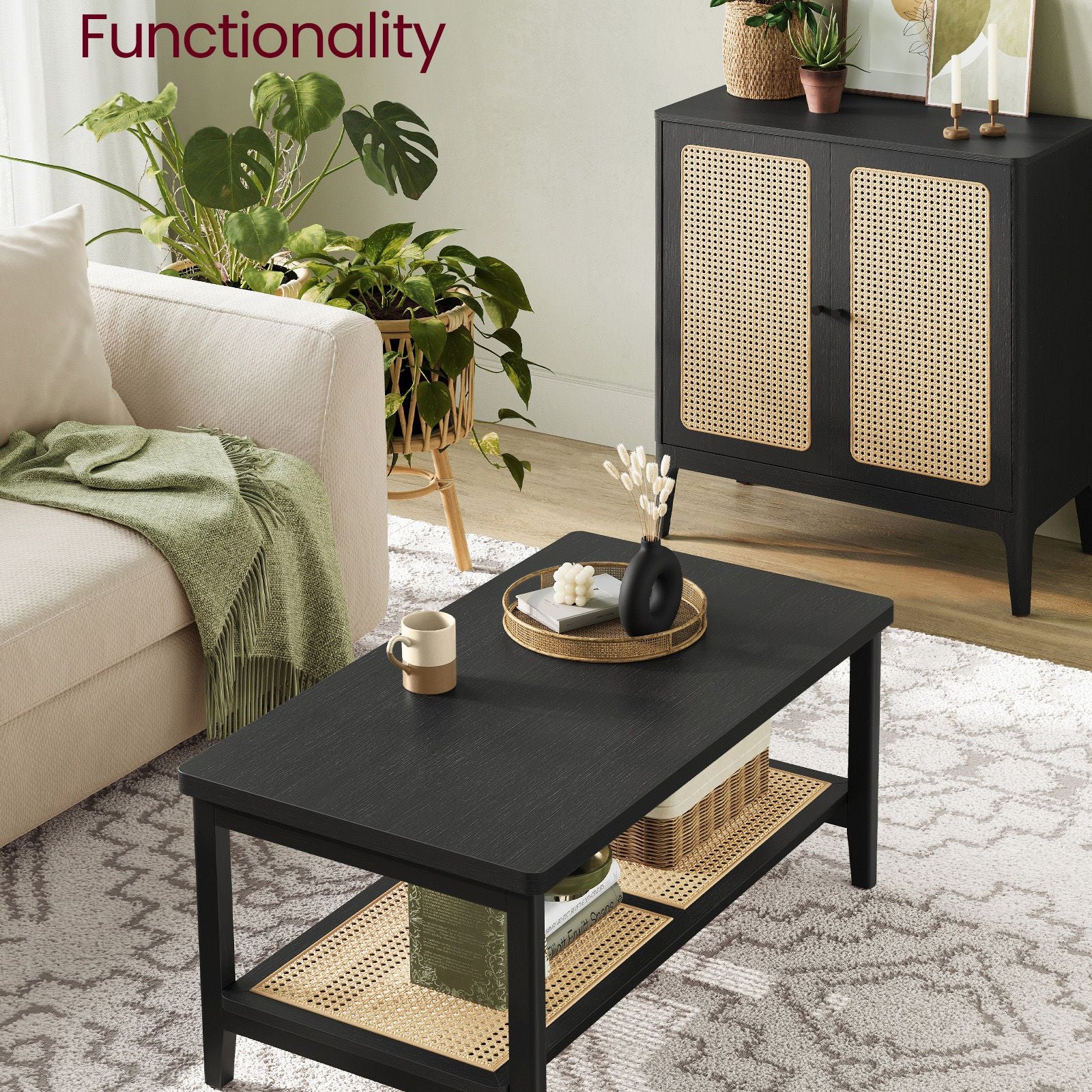 BOHO Coffee Table - Rattan Shelf - MDF Top - Rectangular Design