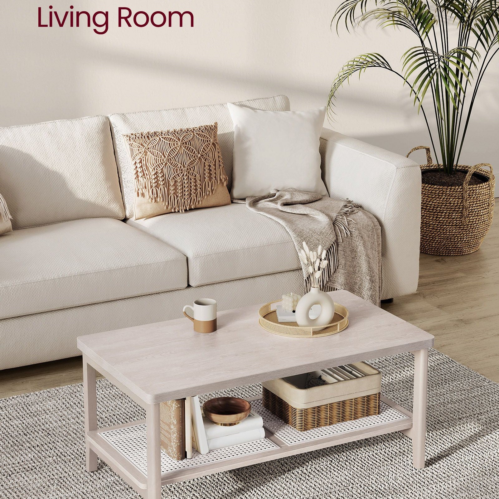 BOHO Coffee Table - Rattan Shelf - MDF Top - Rectangular Design