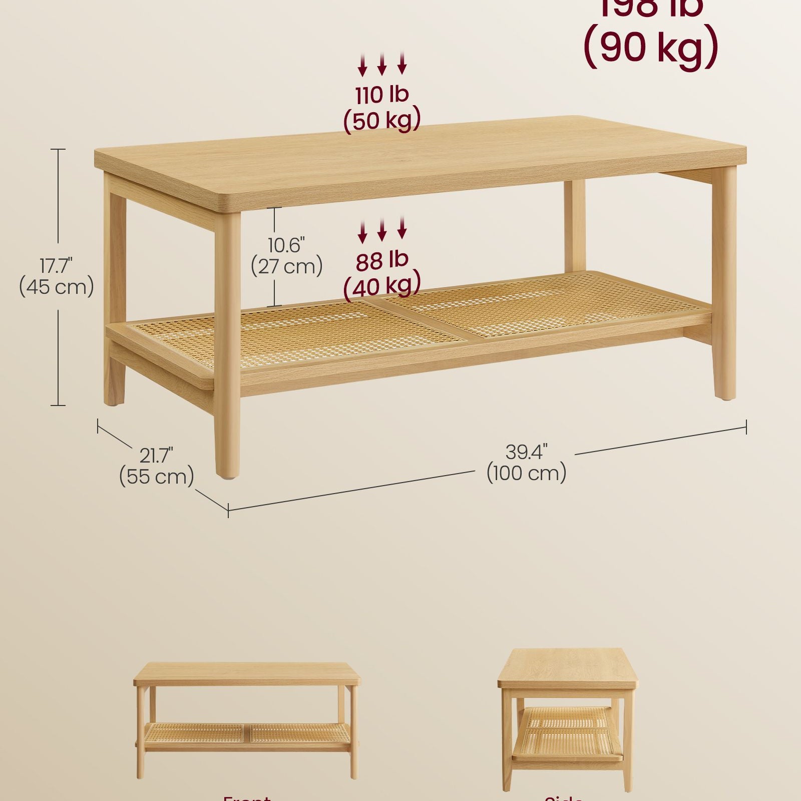BOHO Coffee Table - Rattan Shelf - MDF Top - Rectangular Design