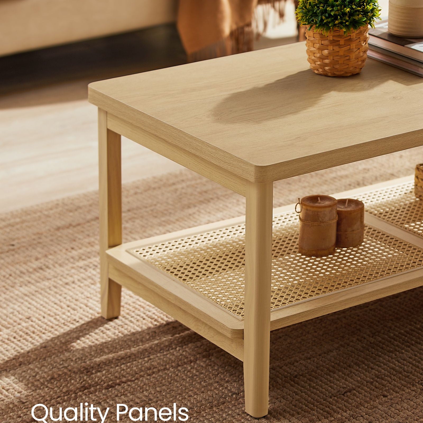 BOHO Coffee Table - Rattan Shelf - MDF Top - Rectangular Design