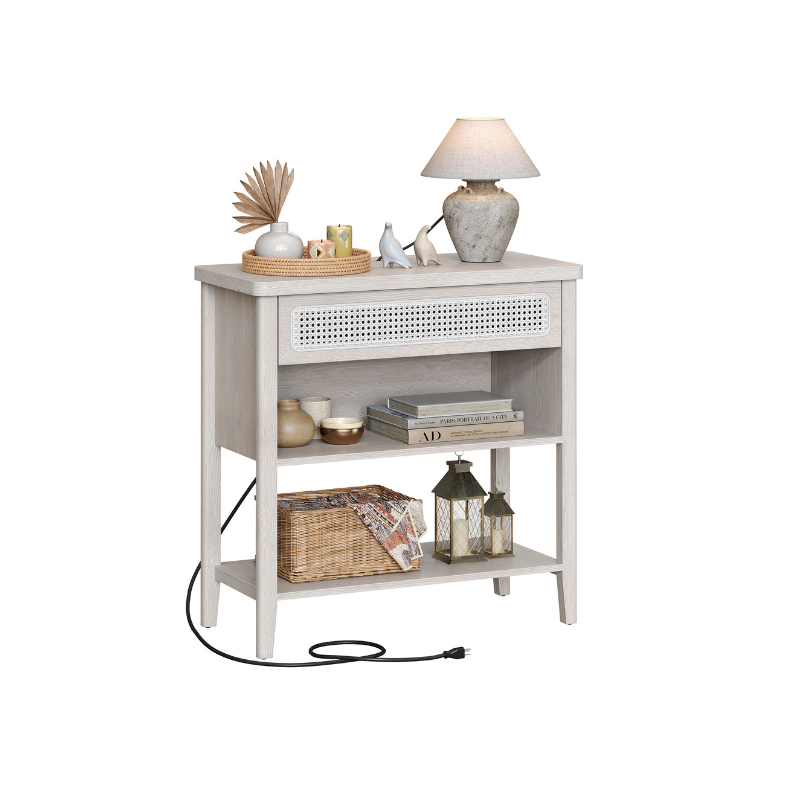 BOHO Console Table - With Charging Station - Rattan Drawer - Compact Storage