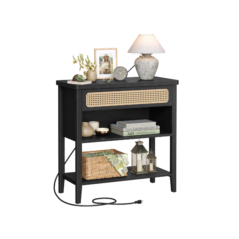 BOHO Console Table - With Charging Station - Rattan Drawer - Compact Storage