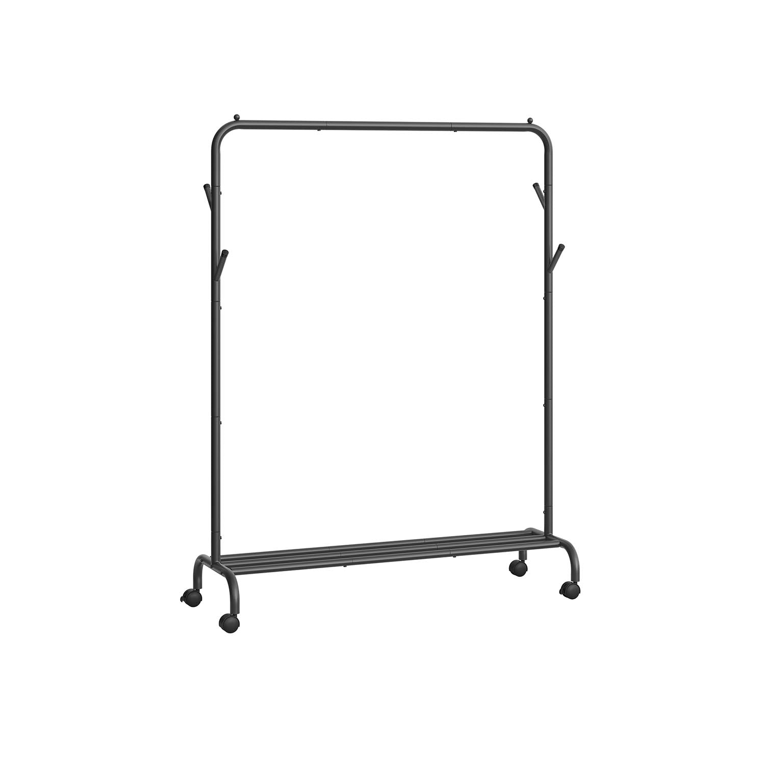 Clothes Rack with Wheels – Double Hanging Rails – Hooks and Shelf – Black Steel