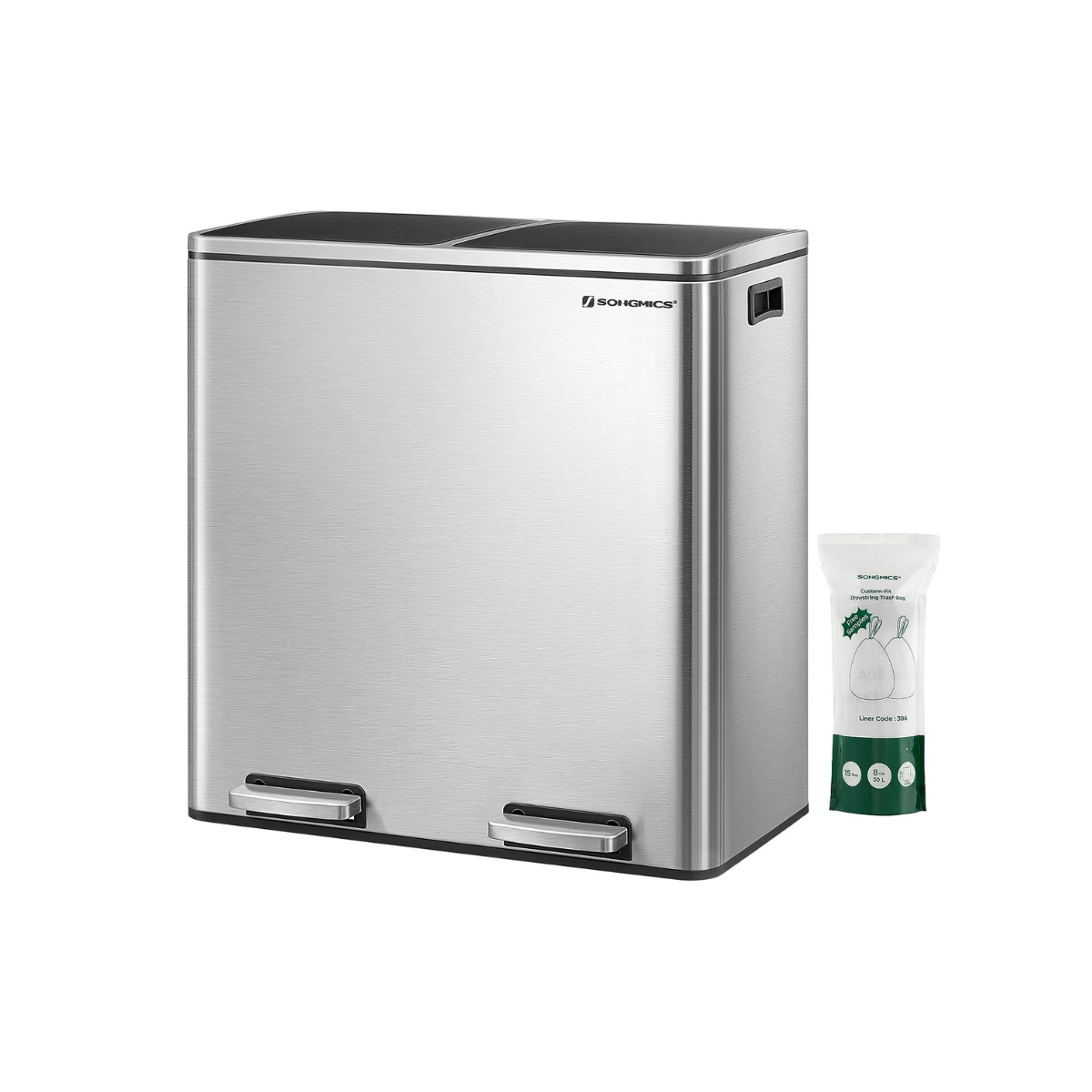 Dual trash can with pedal – 16 gal total – soft-close lid – removable buckets