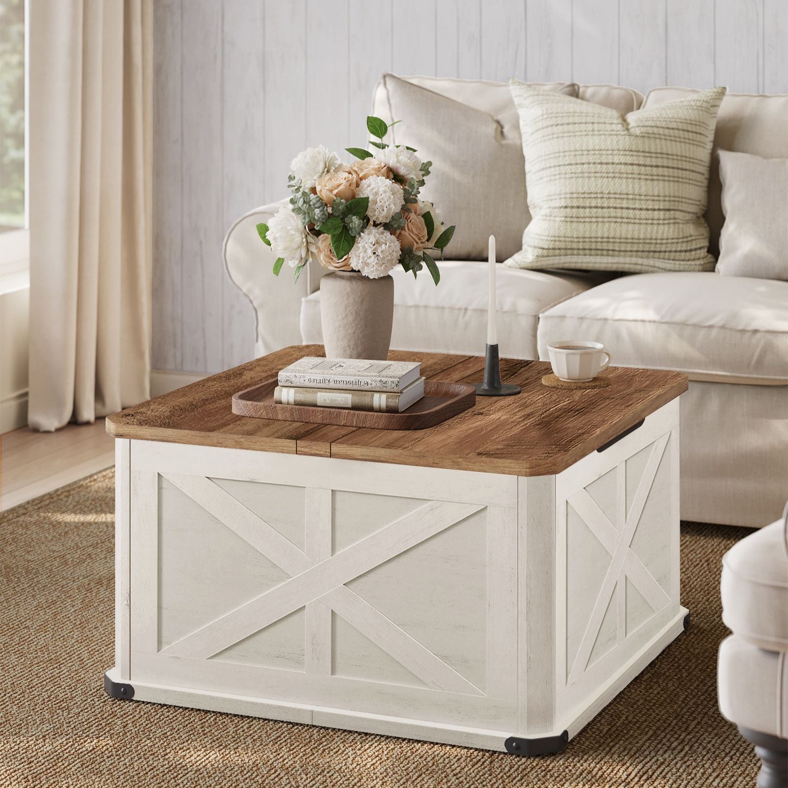 Farmhouse Coffee Table – Square Storage Trunk – Flip-Top Design – 56 Gal Capacity
