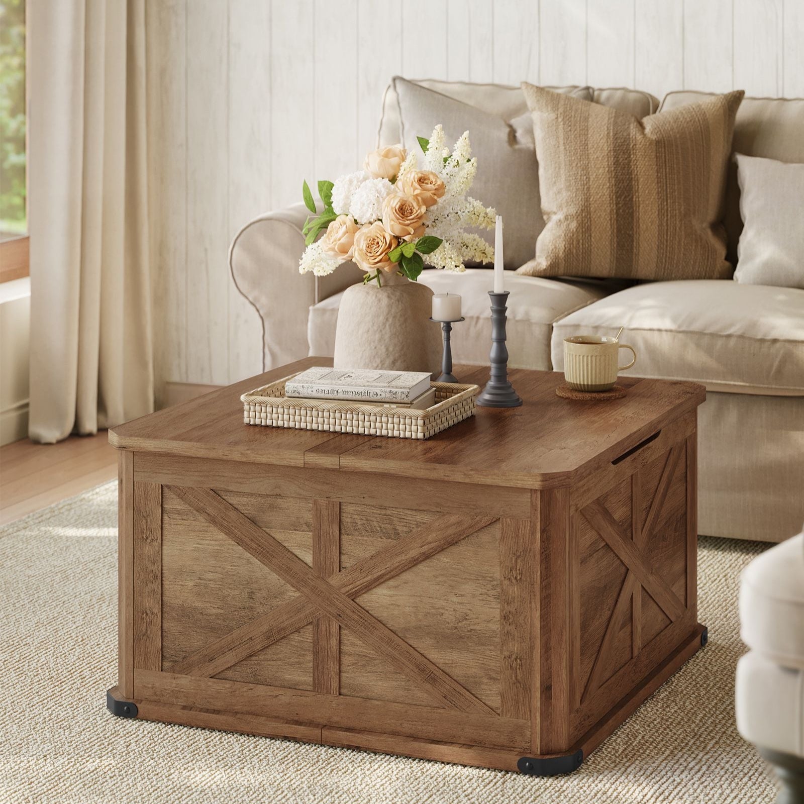 Farmhouse Coffee Table – Square Storage Trunk – Flip-Top Design – 56 Gal Capacity