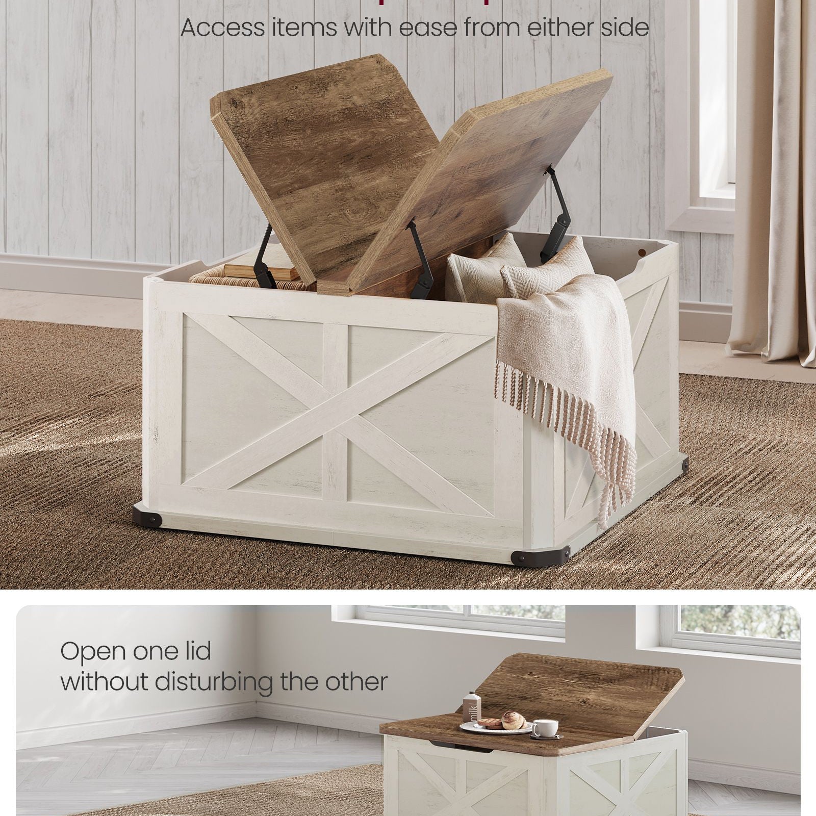 Farmhouse Coffee Table – Square Storage Trunk – Flip-Top Design – 56 Gal Capacity