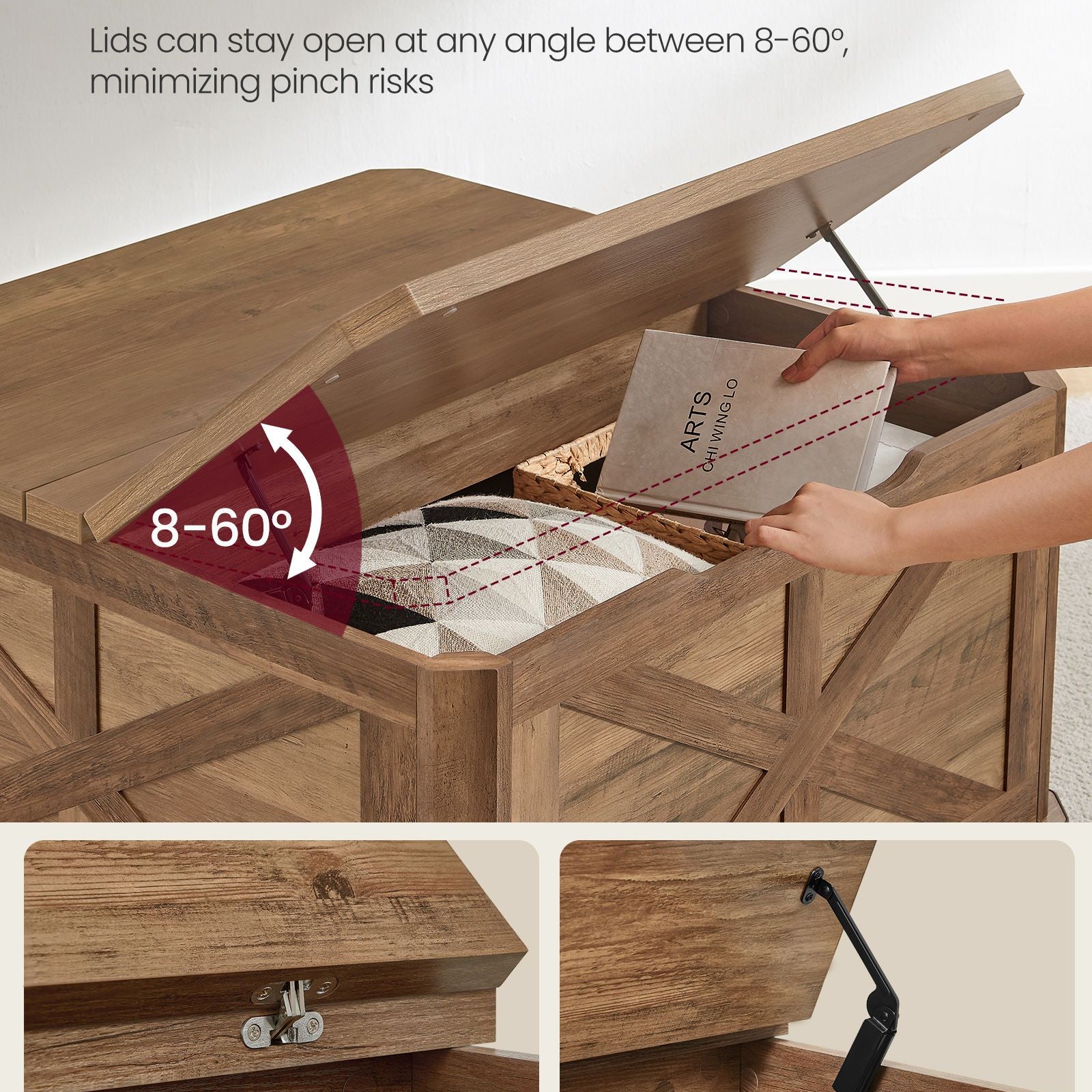 Farmhouse Coffee Table – Square Storage Trunk – Flip-Top Design – 56 Gal Capacity