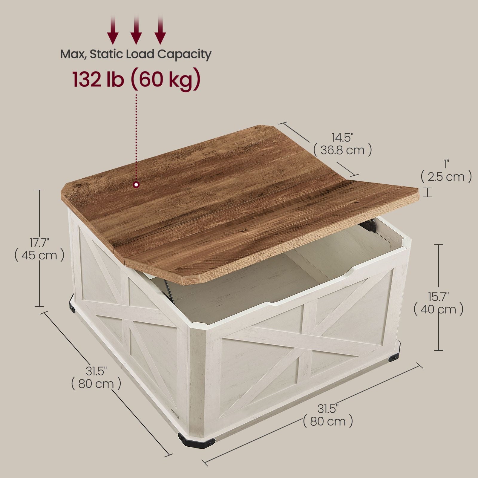 Farmhouse Coffee Table – Square Storage Trunk – Flip-Top Design – 56 Gal Capacity