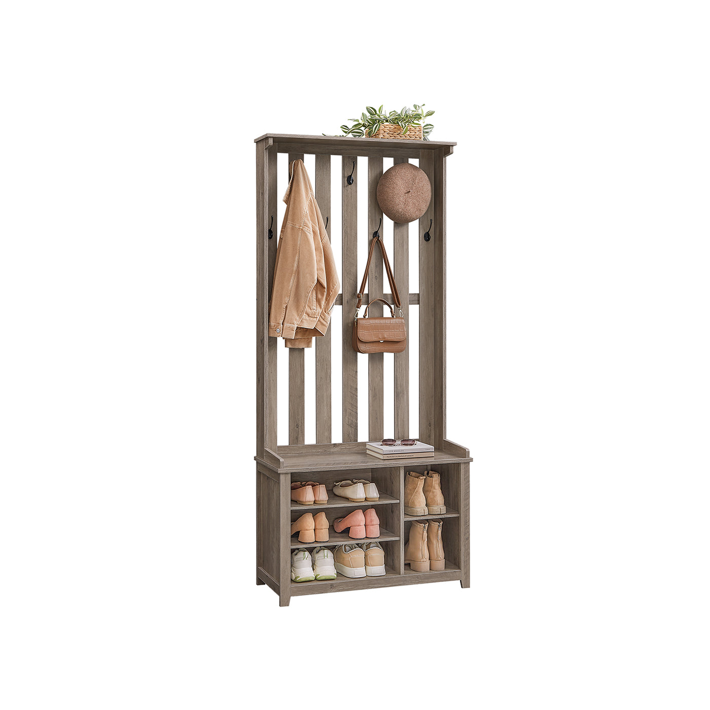 Hall Tree with Bench, Shoe Storage, 7 Double Hooks, Adjustable Shelves, Entryway Organizer