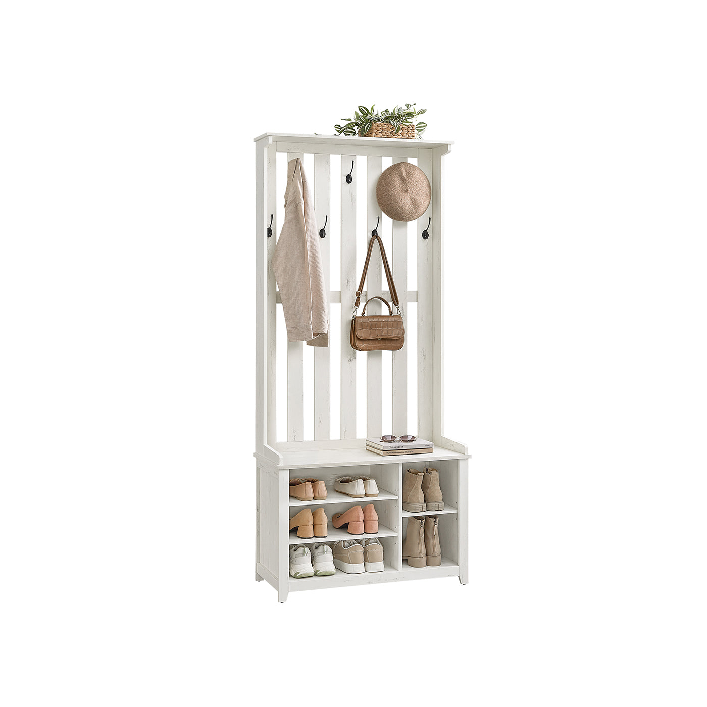 Hall Tree with Bench, Shoe Storage, 7 Double Hooks, Adjustable Shelves, Entryway Organizer