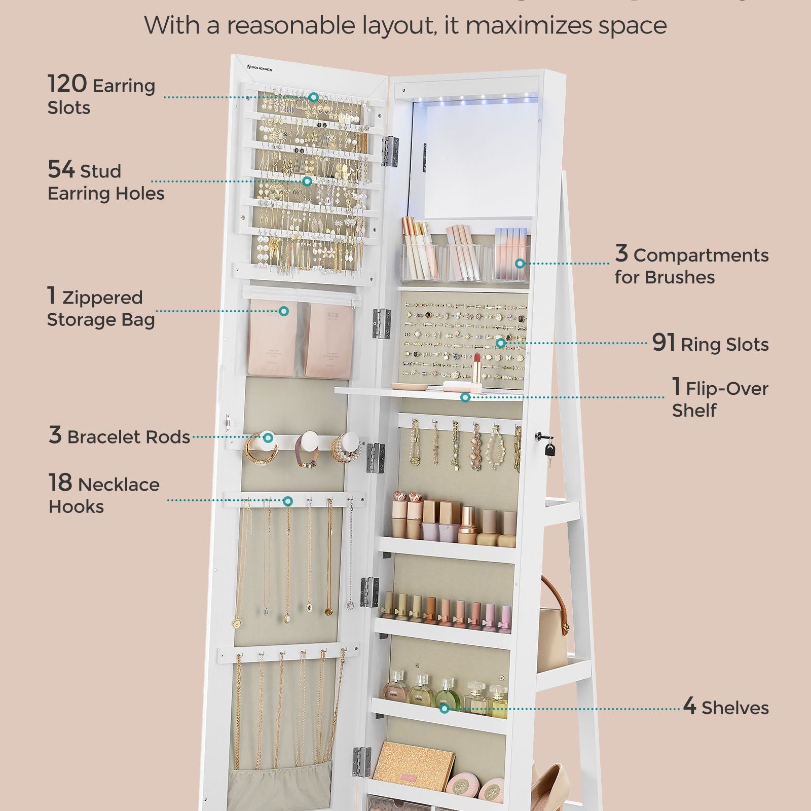 Jewelry cabinet with mirror - led lighting - velvet lined - standing organizer