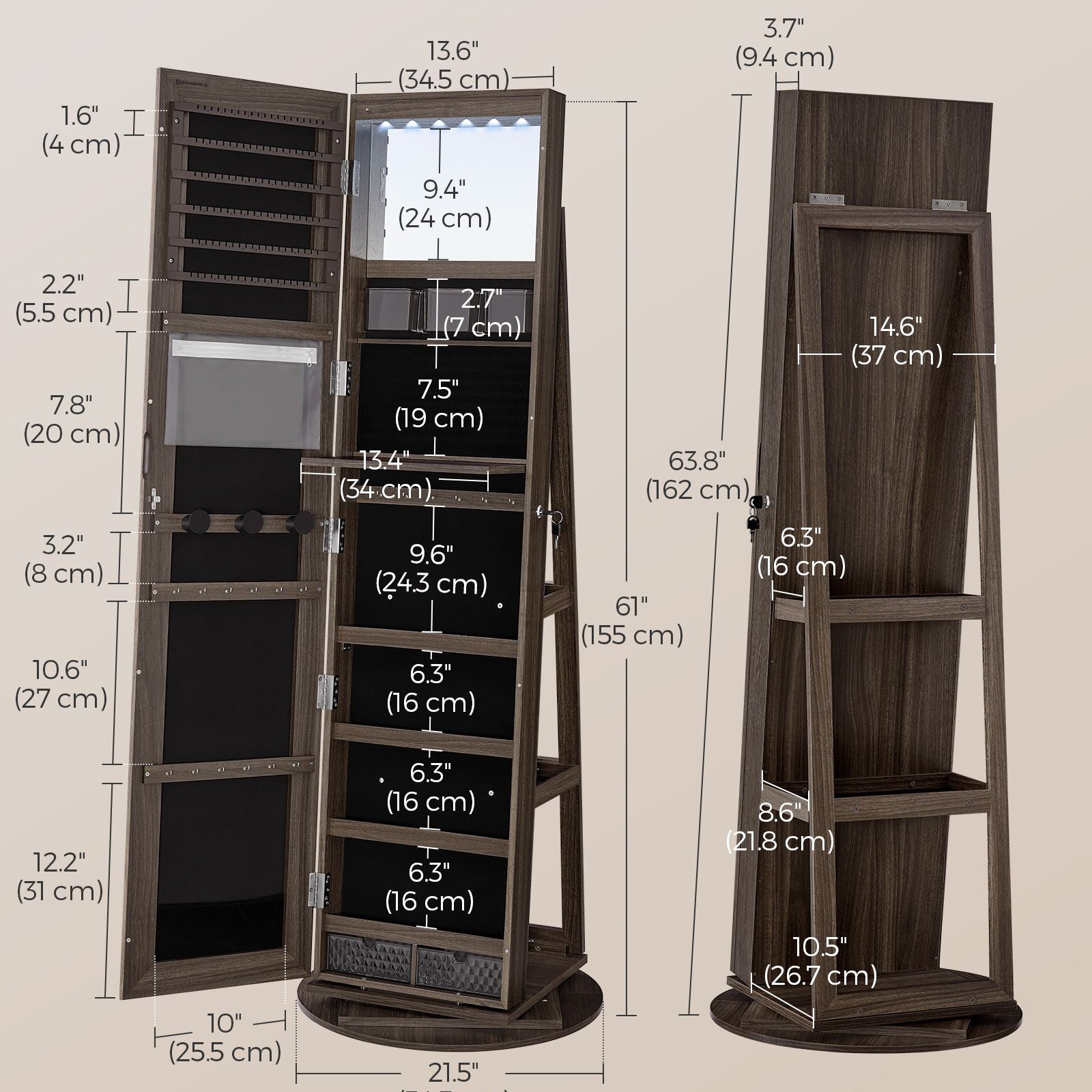 Jewelry cabinet with mirror - led lighting - velvet lined - standing organizer