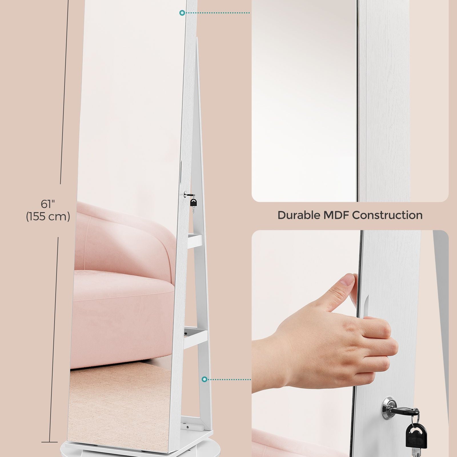 Jewelry cabinet with mirror - led lighting - velvet lined - standing organizer