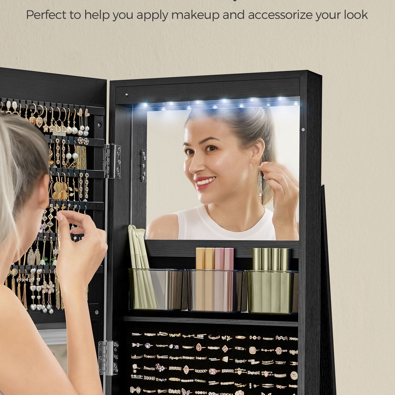 Jewelry cabinet with mirror - led lighting - velvet lined - standing organizer