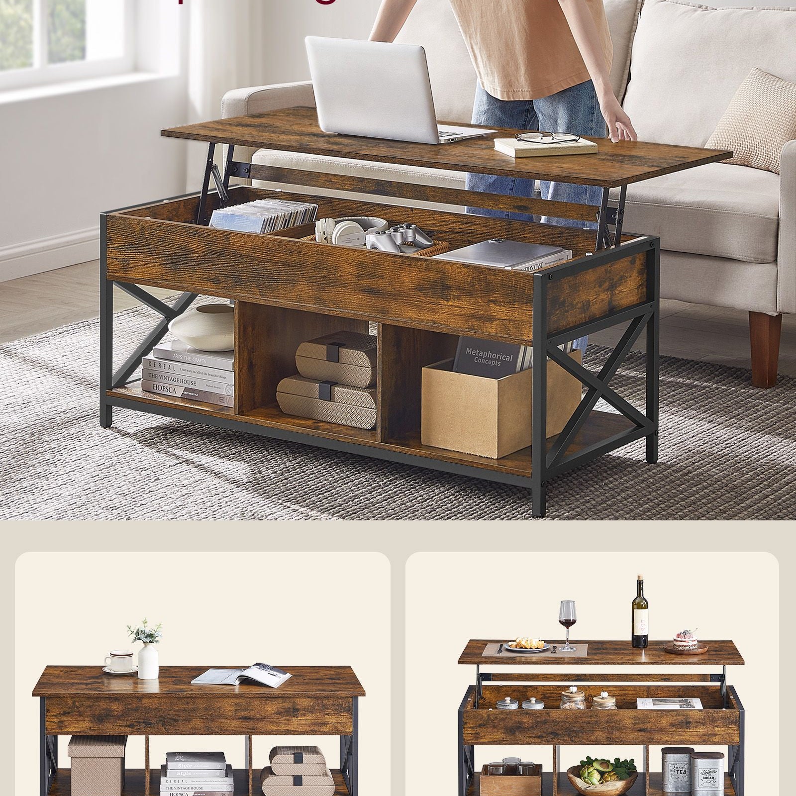 Lift-top coffee table - industrial style - adjustable height - hidden storage