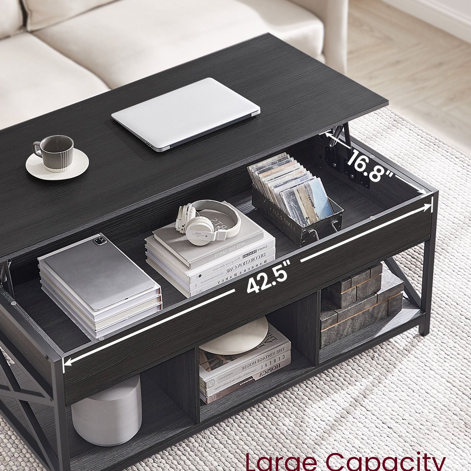 Lift-top coffee table - industrial style - adjustable height - hidden storage