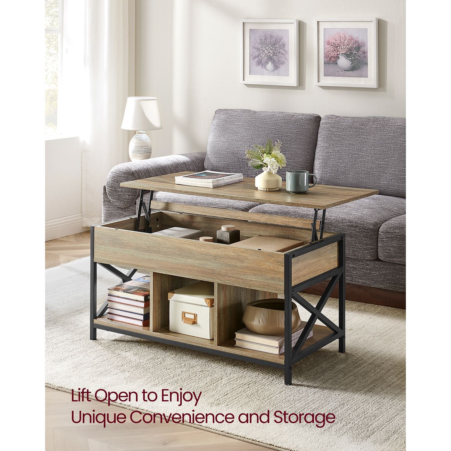 Lift-top coffee table - industrial style - adjustable height - hidden storage