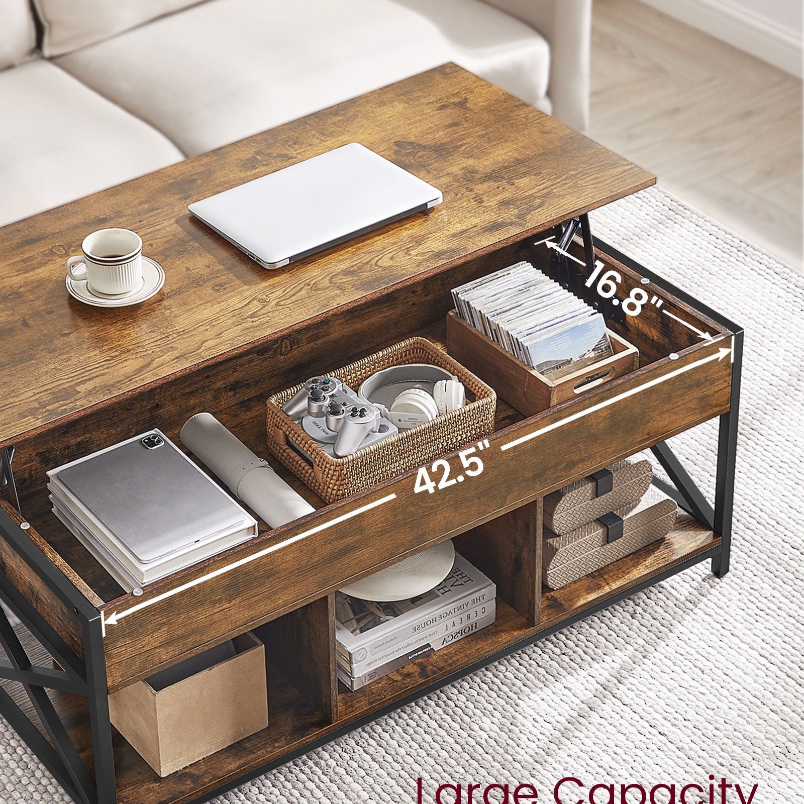 Lift-top coffee table - industrial style - adjustable height - hidden storage