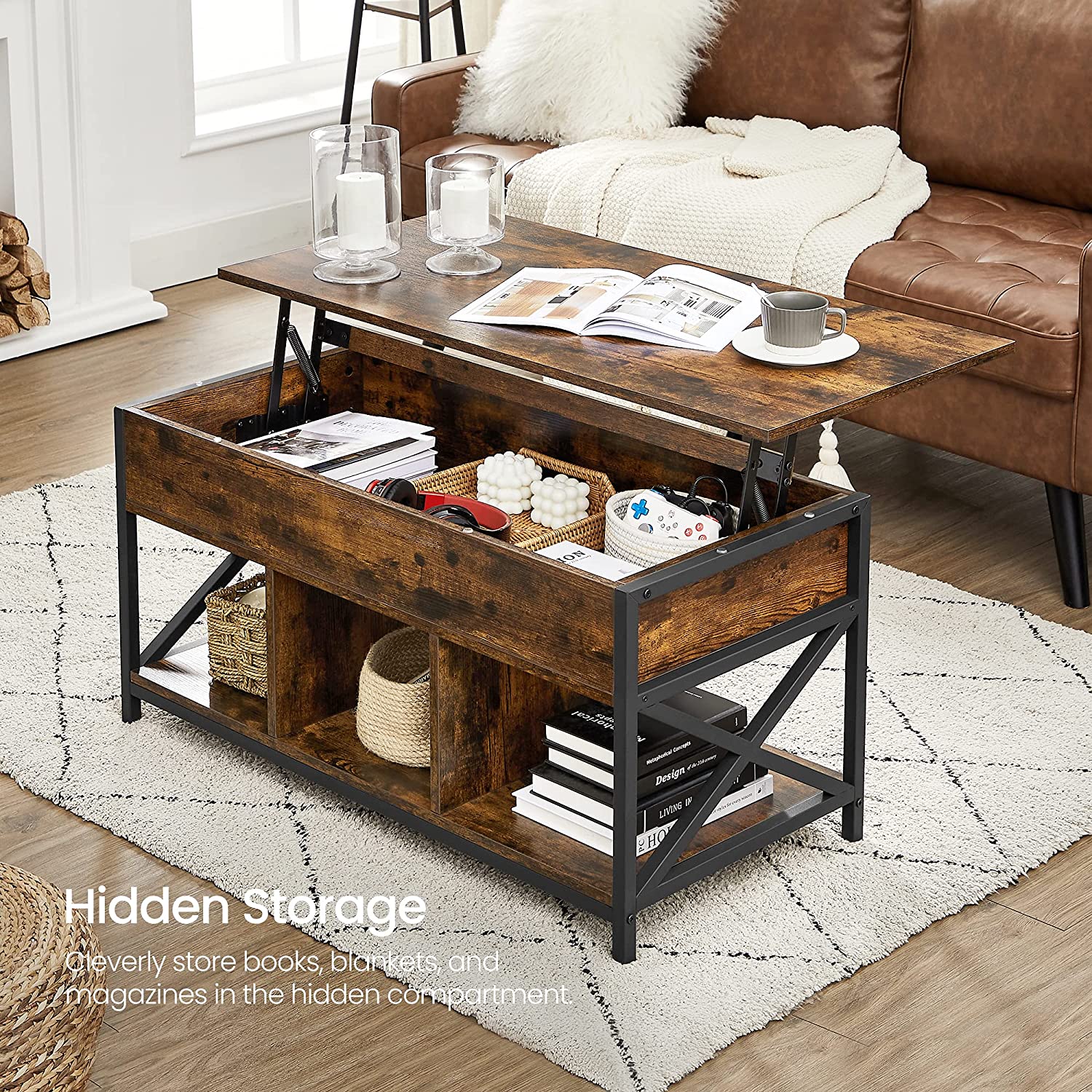 Lift-top coffee table - industrial style - adjustable height - hidden storage