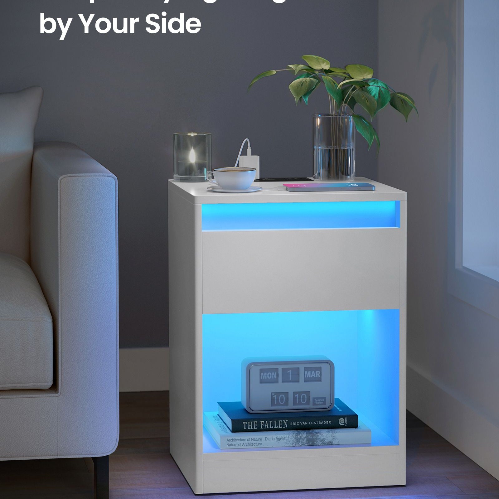Modern led nightstand with charging station – white bedside table with drawer, open shelf & dual led strips