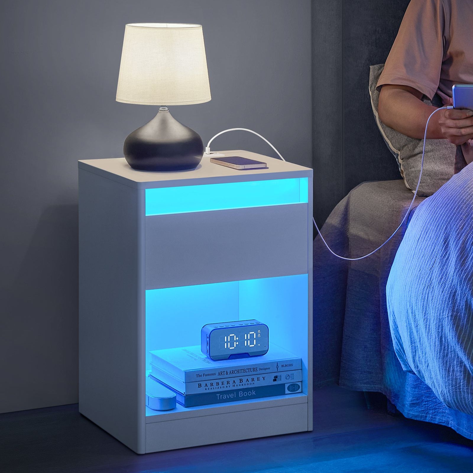 Modern led nightstand with charging station – white bedside table with drawer, open shelf & dual led strips