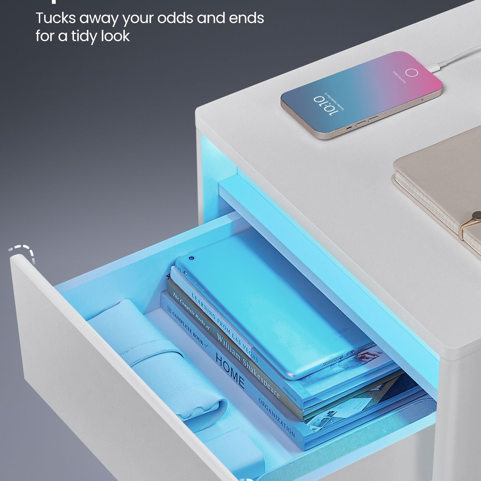 Modern led nightstand with charging station – white bedside table with drawer, open shelf & dual led strips