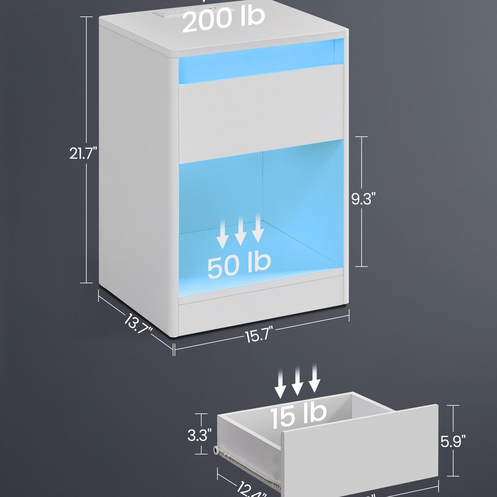 Modern led nightstand with charging station – white bedside table with drawer, open shelf & dual led strips
