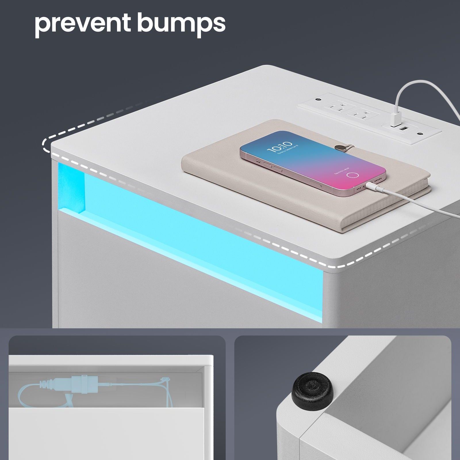 Modern led nightstand with charging station – white bedside table with drawer, open shelf & dual led strips