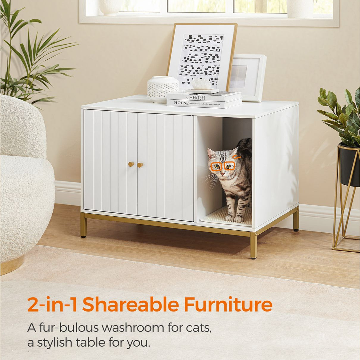 Modern litter box enclosure - side table style cat furniture with scratching mat - 31.5" wide