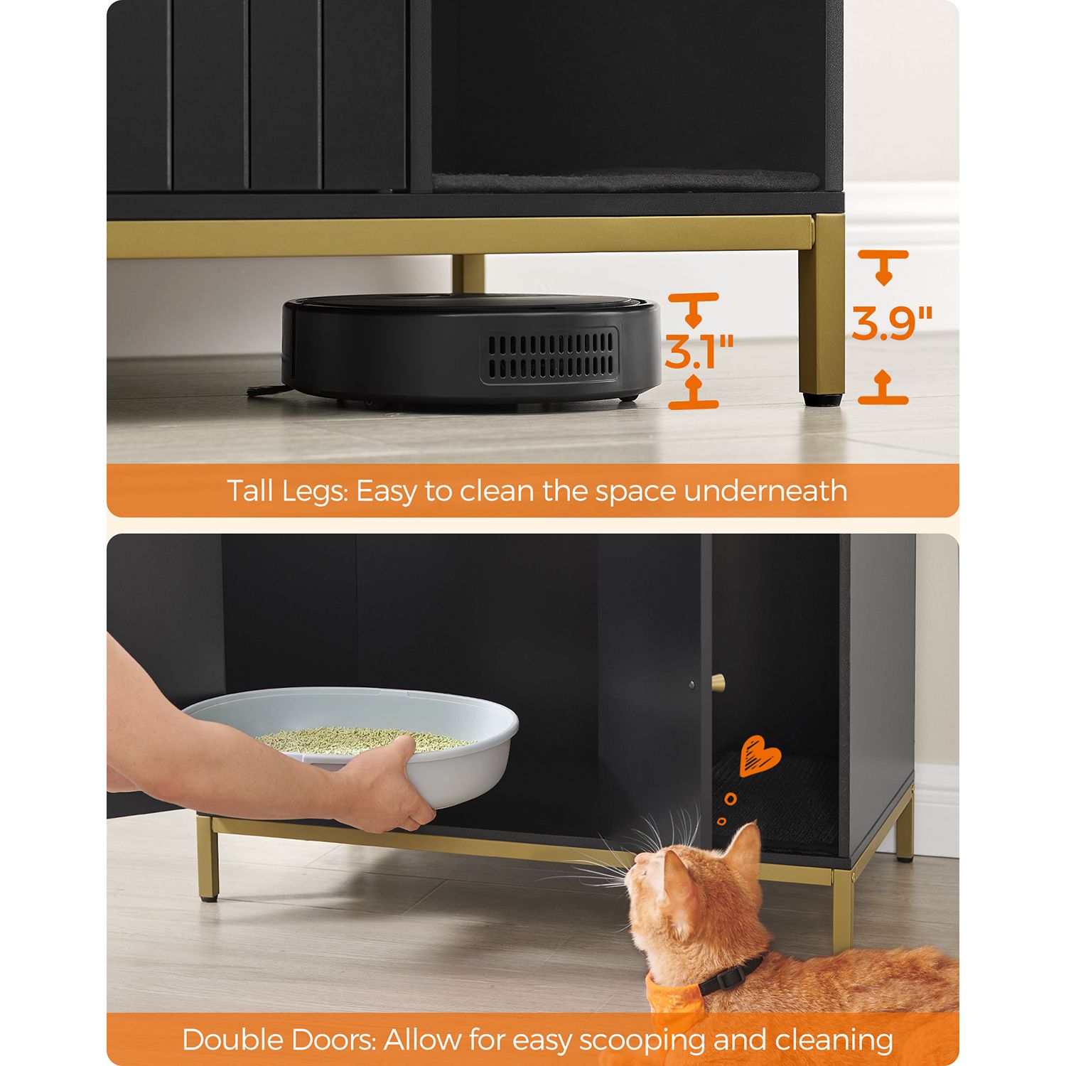 Modern litter box enclosure - side table style cat furniture with scratching mat - 31.5" wide