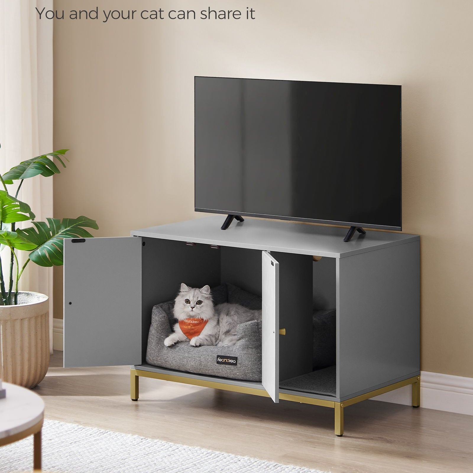Modern litter box enclosure - side table style cat furniture with scratching mat - 31.5" wide