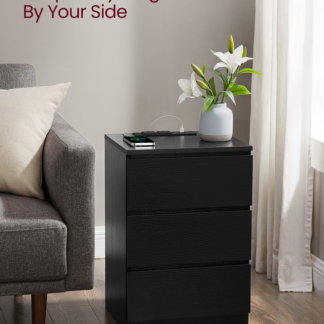 Nightstand with Charging Station - 3 Drawers - USB & AC Outlets