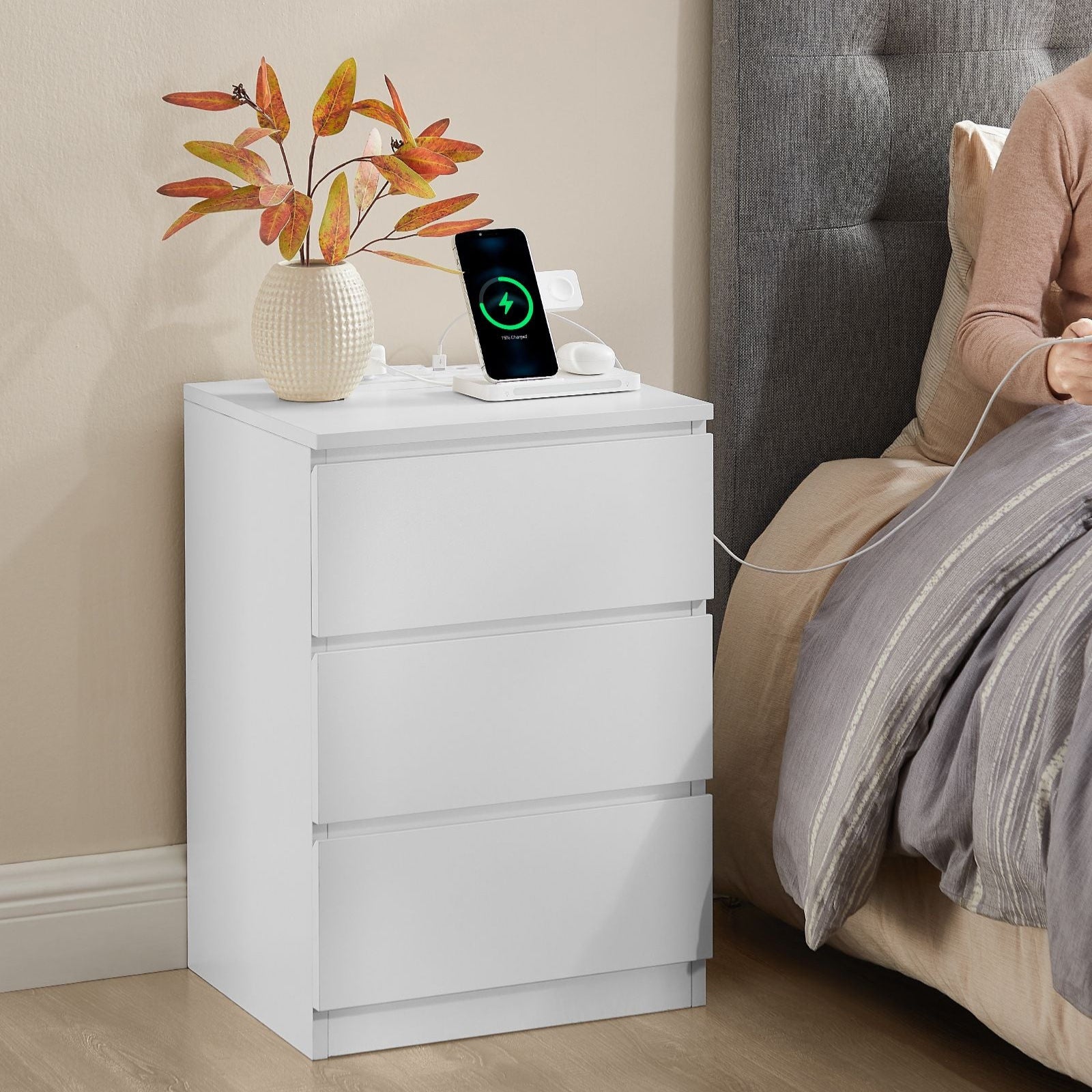 Nightstand with Charging Station - 3 Drawers - USB & AC Outlets