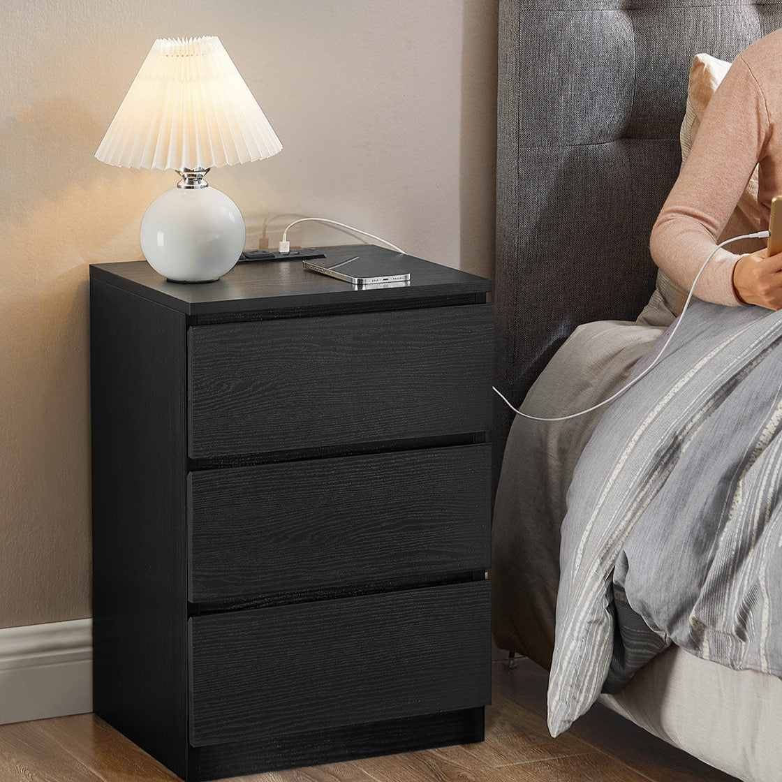 Nightstand with Charging Station - 3 Drawers - USB & AC Outlets