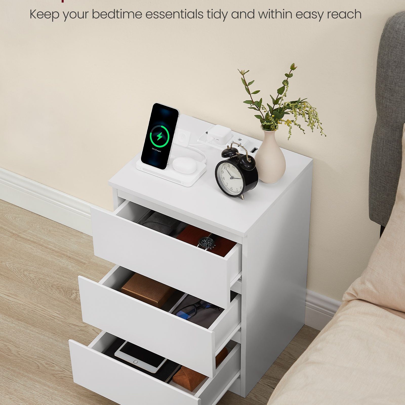 Nightstand with Charging Station - 3 Drawers - USB & AC Outlets