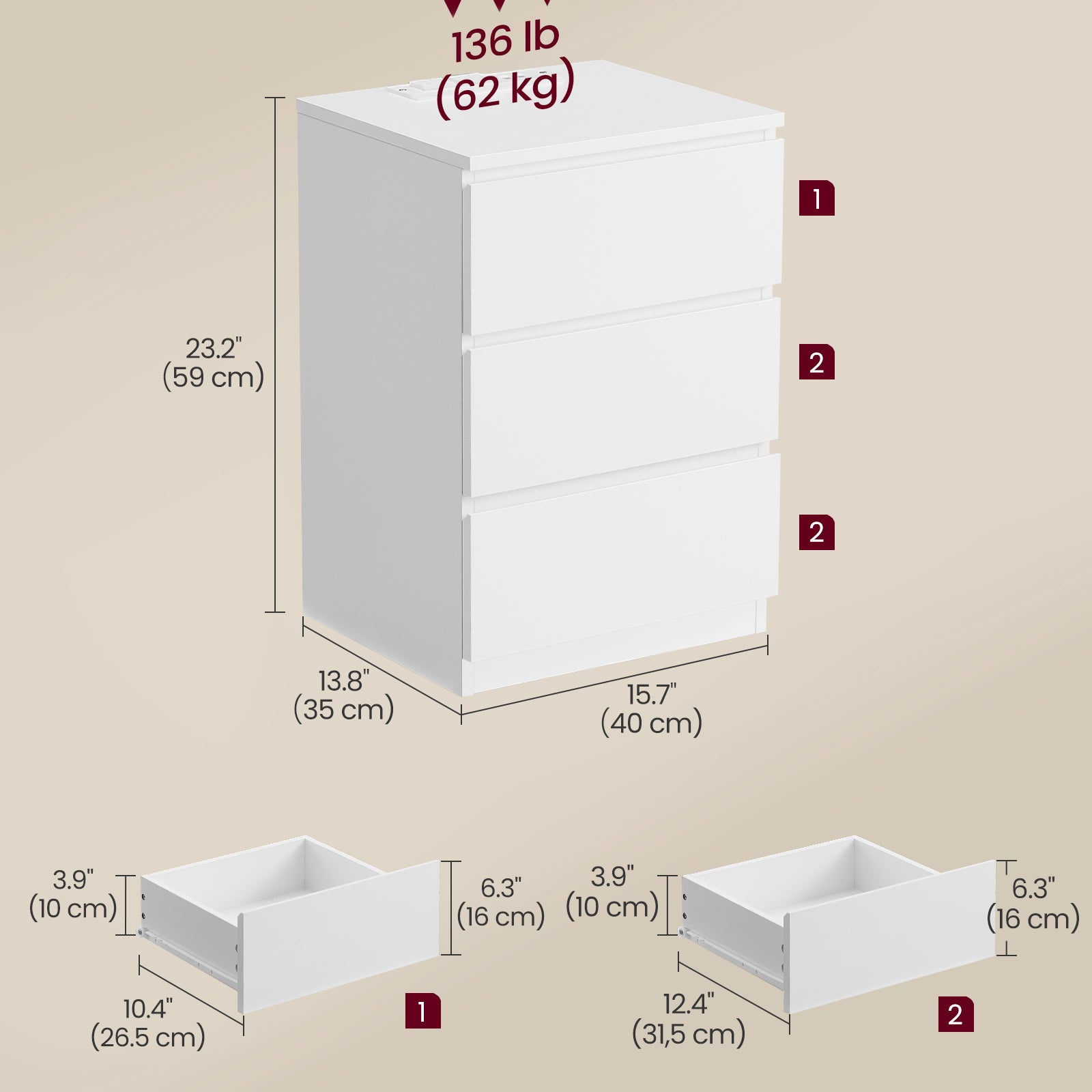 Nightstand with Charging Station - 3 Drawers - USB & AC Outlets